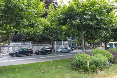 VEVEY, SWitzERLAND - 19 Haziran 2023 Vevey kasabasından Cenevre Gölü, Vaud Kantonu, İsviçre