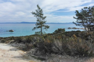 Orange Beach, Chalkidiki, Orta Makedonya ve Yunanistan yakınlarındaki Sithonia kıyı şeridinin inanılmaz manzarası