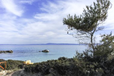 Orange Beach, Chalkidiki, Orta Makedonya ve Yunanistan yakınlarındaki Sithonia kıyı şeridinin inanılmaz manzarası