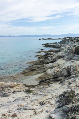 Orange Beach, Chalkidiki, Orta Makedonya ve Yunanistan yakınlarındaki Sithonia kıyı şeridinin inanılmaz manzarası