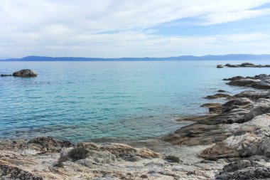 Orange Beach, Chalkidiki, Orta Makedonya ve Yunanistan yakınlarındaki Sithonia kıyı şeridinin inanılmaz manzarası