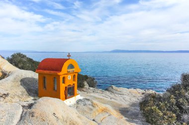 Orange Beach, Chalkidiki, Orta Makedonya ve Yunanistan yakınlarındaki Sithonia kıyı şeridinin inanılmaz manzarası