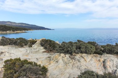 Orange Beach, Chalkidiki, Orta Makedonya ve Yunanistan yakınlarındaki Sithonia kıyı şeridinin inanılmaz manzarası