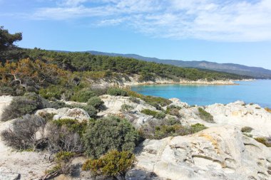Orange Beach, Chalkidiki, Orta Makedonya ve Yunanistan yakınlarındaki Sithonia kıyı şeridinin inanılmaz manzarası