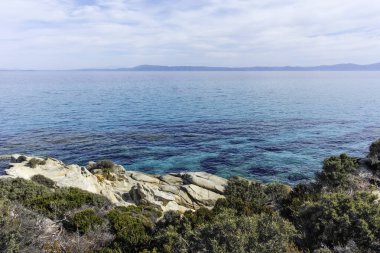Orange Beach, Chalkidiki, Orta Makedonya ve Yunanistan yakınlarındaki Sithonia kıyı şeridinin inanılmaz manzarası