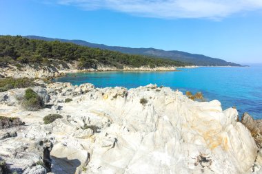 Orange Beach, Chalkidiki, Orta Makedonya ve Yunanistan yakınlarındaki Sithonia kıyı şeridinin inanılmaz manzarası