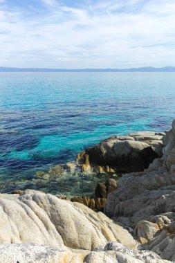 Orange Beach, Chalkidiki, Orta Makedonya ve Yunanistan yakınlarındaki Sithonia kıyı şeridinin inanılmaz manzarası