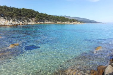 Orange Beach, Chalkidiki, Orta Makedonya ve Yunanistan yakınlarındaki Sithonia kıyı şeridinin inanılmaz manzarası