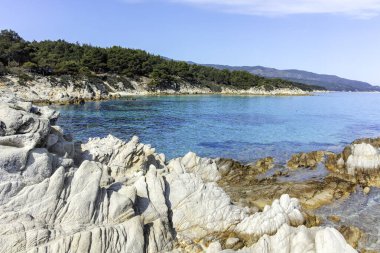 Orange Beach, Chalkidiki, Orta Makedonya ve Yunanistan yakınlarındaki Sithonia kıyı şeridinin inanılmaz manzarası