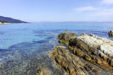 Orange Beach, Chalkidiki, Orta Makedonya ve Yunanistan yakınlarındaki Sithonia kıyı şeridinin inanılmaz manzarası