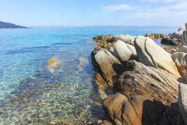 Orange Beach, Chalkidiki, Orta Makedonya ve Yunanistan yakınlarındaki Sithonia kıyı şeridinin inanılmaz manzarası