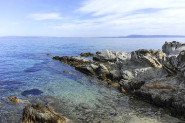 Orange Beach, Chalkidiki, Orta Makedonya ve Yunanistan yakınlarındaki Sithonia kıyı şeridinin inanılmaz manzarası