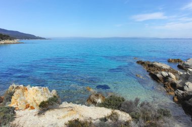 Orange Beach, Chalkidiki, Orta Makedonya ve Yunanistan yakınlarındaki Sithonia kıyı şeridinin inanılmaz manzarası