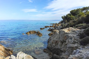 Orange Beach, Chalkidiki, Orta Makedonya ve Yunanistan yakınlarındaki Sithonia kıyı şeridinin inanılmaz manzarası