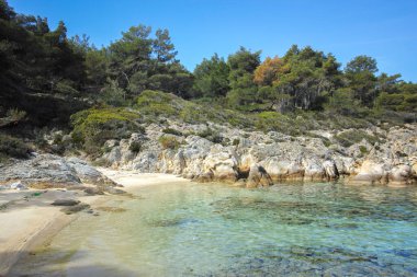 Orange Beach, Chalkidiki, Orta Makedonya ve Yunanistan yakınlarındaki Sithonia kıyı şeridinin inanılmaz manzarası