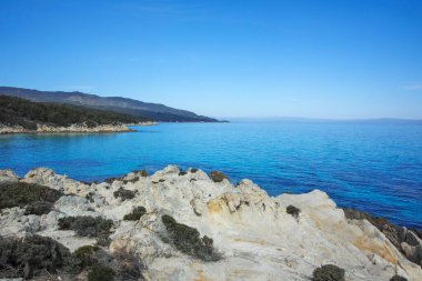 Orange Beach, Chalkidiki, Orta Makedonya ve Yunanistan yakınlarındaki Sithonia kıyı şeridinin inanılmaz manzarası