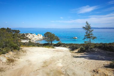 Orange Beach, Chalkidiki, Orta Makedonya ve Yunanistan yakınlarındaki Sithonia kıyı şeridinin inanılmaz manzarası