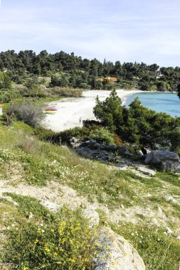 Koviou Sahili yakınlarındaki Sithonia kıyı şeridi, Chalkidiki, Orta Makedonya, Yunanistan