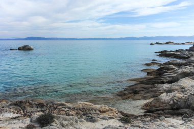 Orange Beach, Chalkidiki, Orta Makedonya ve Yunanistan yakınlarındaki Sithonia kıyı şeridinin inanılmaz manzarası