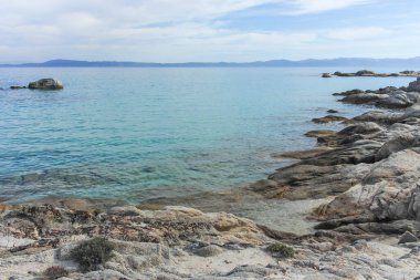 Orange Beach, Chalkidiki, Orta Makedonya ve Yunanistan yakınlarındaki Sithonia kıyı şeridinin inanılmaz manzarası