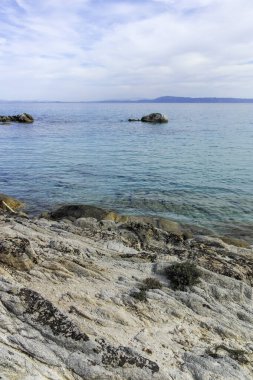 Orange Beach, Chalkidiki, Orta Makedonya ve Yunanistan yakınlarındaki Sithonia kıyı şeridinin inanılmaz manzarası