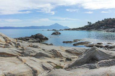Orange Beach, Chalkidiki, Orta Makedonya ve Yunanistan yakınlarındaki Sithonia kıyı şeridinin inanılmaz manzarası