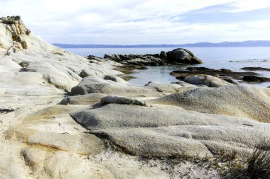 Orange Beach, Chalkidiki, Orta Makedonya ve Yunanistan yakınlarındaki Sithonia kıyı şeridinin inanılmaz manzarası