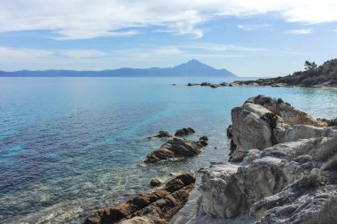 Orange Beach, Chalkidiki, Orta Makedonya ve Yunanistan yakınlarındaki Sithonia kıyı şeridinin inanılmaz manzarası