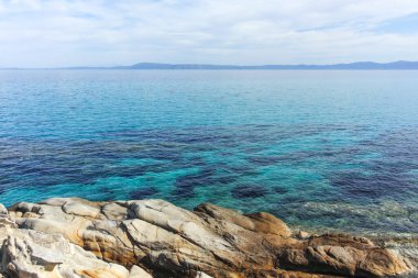 Orange Beach, Chalkidiki, Orta Makedonya ve Yunanistan yakınlarındaki Sithonia kıyı şeridinin inanılmaz manzarası