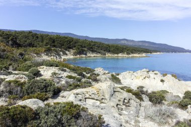 Orange Beach, Chalkidiki, Orta Makedonya ve Yunanistan yakınlarındaki Sithonia kıyı şeridinin inanılmaz manzarası