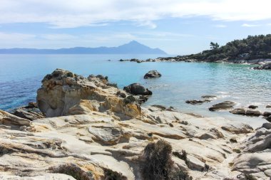 Orange Beach, Chalkidiki, Orta Makedonya ve Yunanistan yakınlarındaki Sithonia kıyı şeridinin inanılmaz manzarası