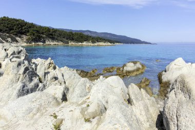 Orange Beach, Chalkidiki, Orta Makedonya ve Yunanistan yakınlarındaki Sithonia kıyı şeridinin inanılmaz manzarası