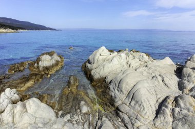 Orange Beach, Chalkidiki, Orta Makedonya ve Yunanistan yakınlarındaki Sithonia kıyı şeridinin inanılmaz manzarası
