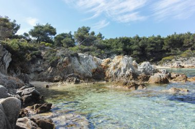 Orange Beach, Chalkidiki, Orta Makedonya ve Yunanistan yakınlarındaki Sithonia kıyı şeridinin inanılmaz manzarası
