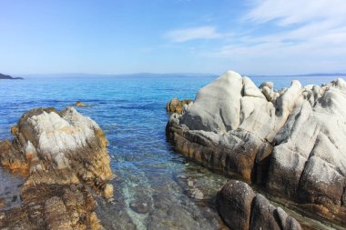 Orange Beach, Chalkidiki, Orta Makedonya ve Yunanistan yakınlarındaki Sithonia kıyı şeridinin inanılmaz manzarası