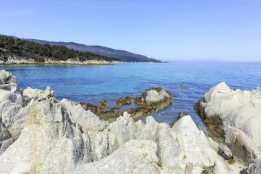 Orange Beach, Chalkidiki, Orta Makedonya ve Yunanistan yakınlarındaki Sithonia kıyı şeridinin inanılmaz manzarası