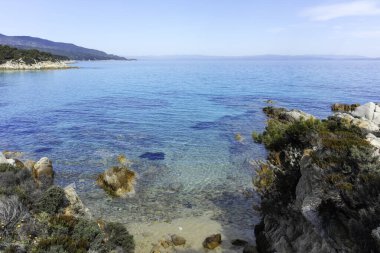 Orange Beach, Chalkidiki, Orta Makedonya ve Yunanistan yakınlarındaki Sithonia kıyı şeridinin inanılmaz manzarası