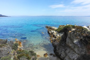 Orange Beach, Chalkidiki, Orta Makedonya ve Yunanistan yakınlarındaki Sithonia kıyı şeridinin inanılmaz manzarası