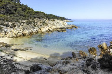 Orange Beach, Chalkidiki, Orta Makedonya ve Yunanistan yakınlarındaki Sithonia kıyı şeridinin inanılmaz manzarası