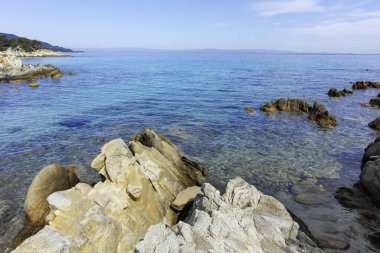 Orange Beach, Chalkidiki, Orta Makedonya ve Yunanistan yakınlarındaki Sithonia kıyı şeridinin inanılmaz manzarası