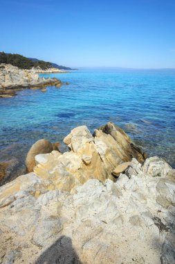Orange Beach, Chalkidiki, Orta Makedonya ve Yunanistan yakınlarındaki Sithonia kıyı şeridinin inanılmaz manzarası