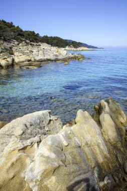 Orange Beach, Chalkidiki, Orta Makedonya ve Yunanistan yakınlarındaki Sithonia kıyı şeridinin inanılmaz manzarası