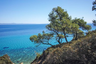 Nea Fokea, Chalkidiki, Orta Makedonya ve Yunanistan yakınlarındaki Kassandra kıyı şeridinin inanılmaz manzarası