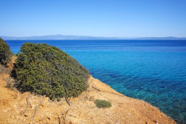 Nea Fokea, Chalkidiki, Orta Makedonya ve Yunanistan yakınlarındaki Kassandra kıyı şeridinin inanılmaz manzarası