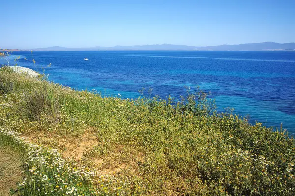 Nea Fokea, Chalkidiki, Orta Makedonya ve Yunanistan yakınlarındaki Kassandra kıyı şeridinin inanılmaz manzarası