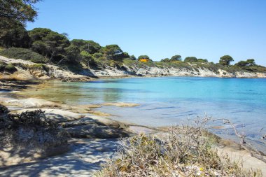 Karydi Sahili yakınlarındaki Sithonia kıyı şeridi, Chalkidiki, Orta Makedonya, Yunanistan