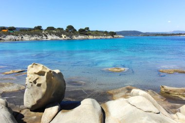 Karydi Sahili yakınlarındaki Sithonia kıyı şeridi, Chalkidiki, Orta Makedonya, Yunanistan