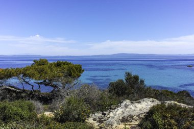 Karydi Sahili yakınlarındaki Sithonia kıyı şeridi, Chalkidiki, Orta Makedonya, Yunanistan