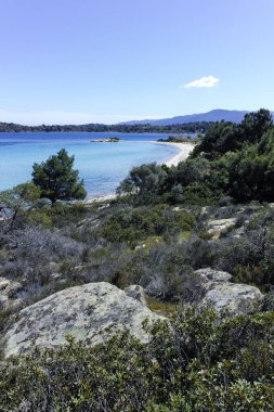 Lagonisi Sahili yakınlarındaki Sithonia kıyı şeridi, Chalkidiki, Orta Makedonya, Yunanistan