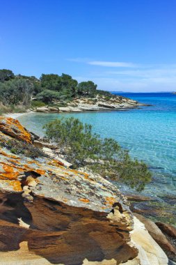 Lagonisi Sahili yakınlarındaki Sithonia kıyı şeridi, Chalkidiki, Orta Makedonya, Yunanistan